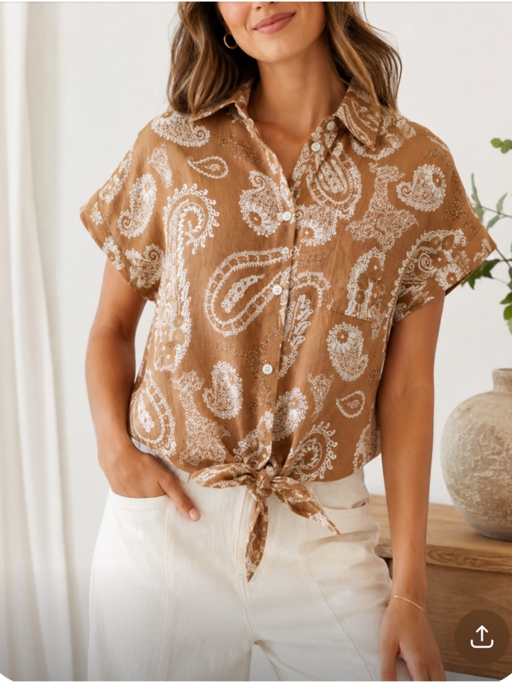 Picnic 100% Linen Paisley Print Tie Front Top – Size Small